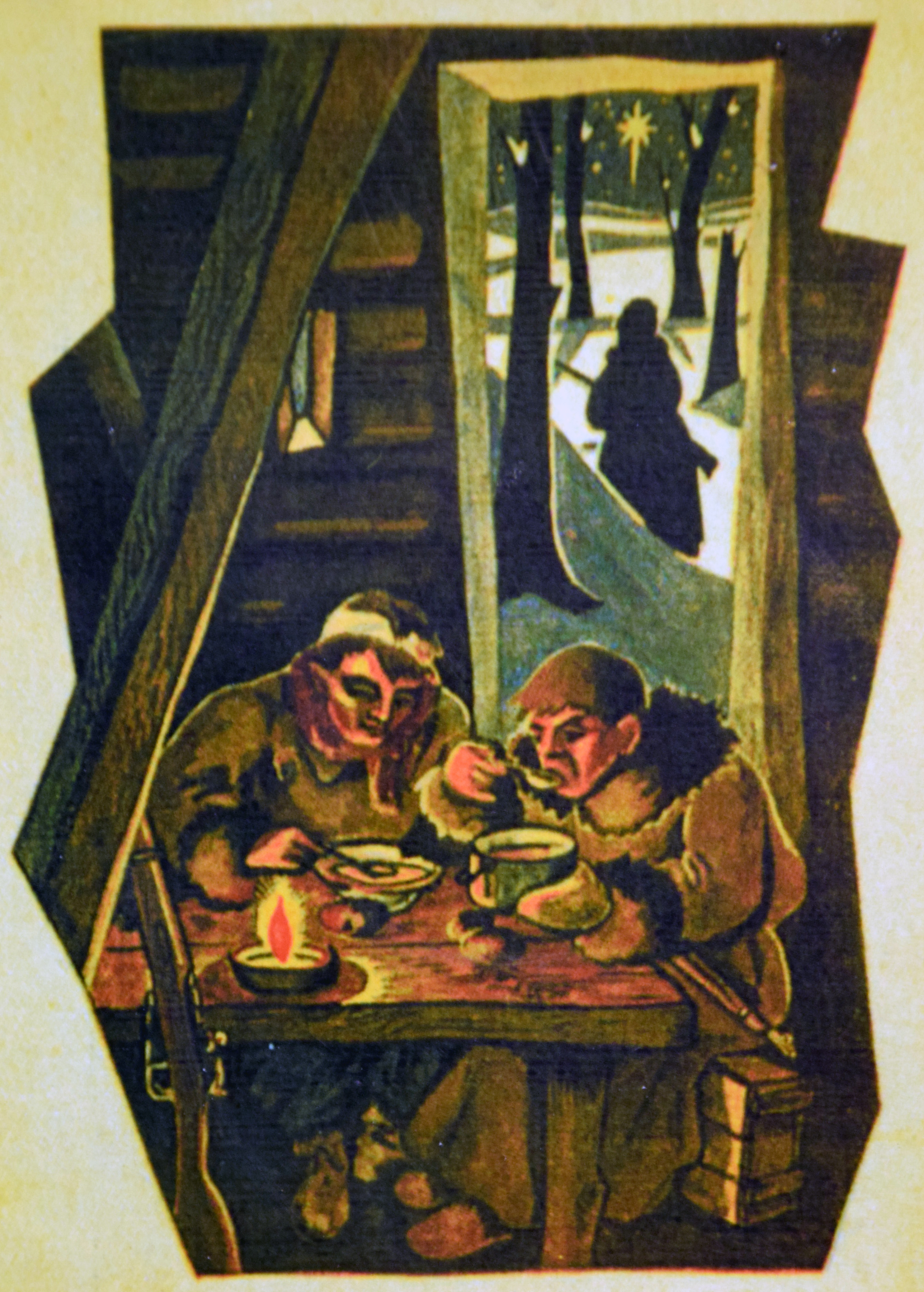 Двоє повстанців вечеряють у хаті, один стоїть знадвору на варті. Дата й місце видання листівки невідомі